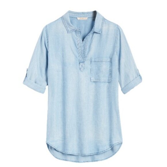 Skies Are Blue Tops - Skies Are Blue | Chambray Denim 3/4 Sleeve Oversized Top Size XS Petite